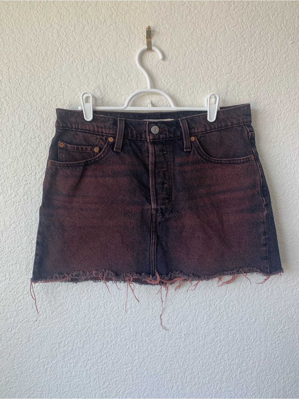 Levi's Black-to-Burgundy Washed Denim Mini Skirt with Frayed Hem